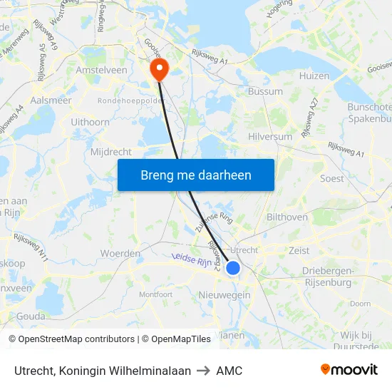 Utrecht, Koningin Wilhelminalaan to AMC map