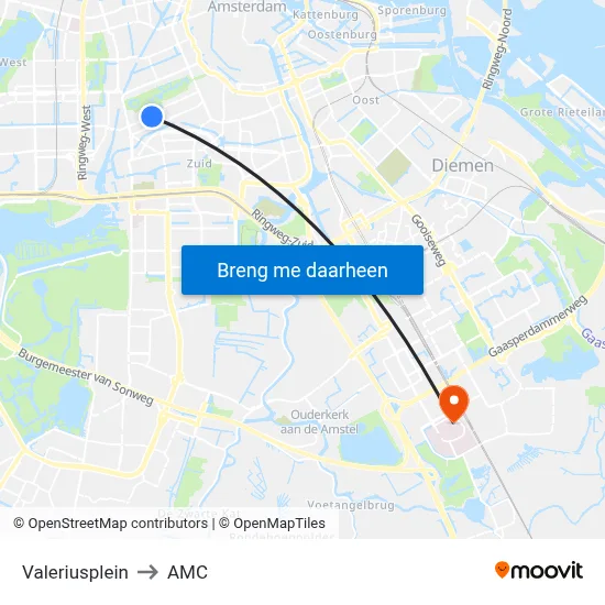 Valeriusplein to AMC map