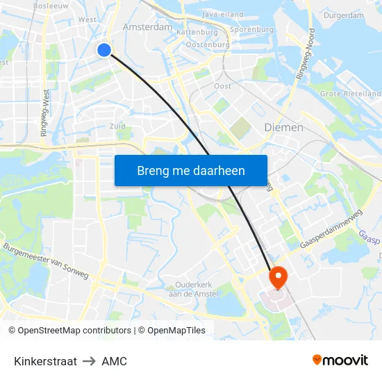 Kinkerstraat to AMC map