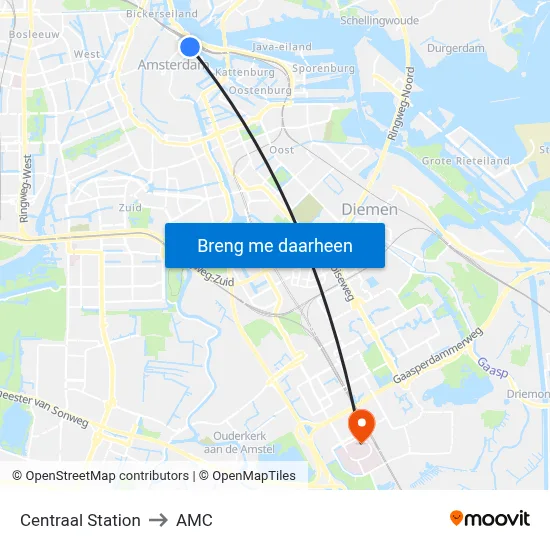 Centraal Station to AMC map