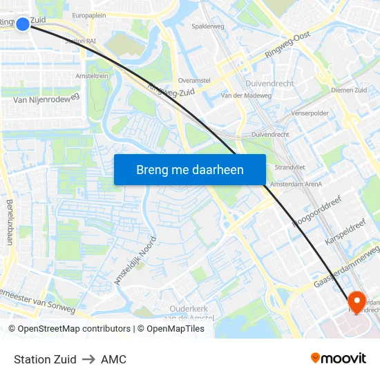 Station Zuid to AMC map