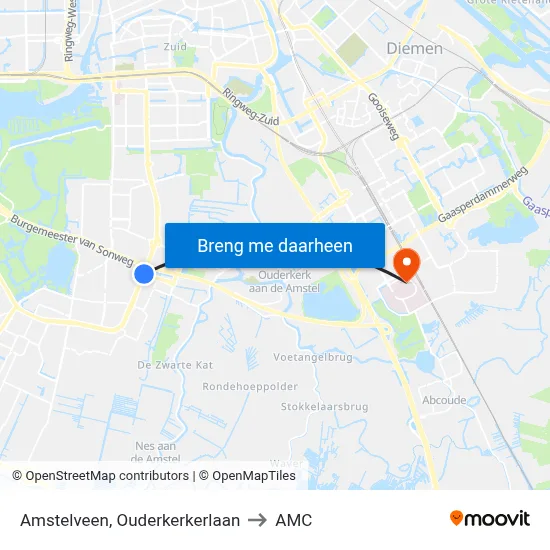 Amstelveen, Ouderkerkerlaan to AMC map