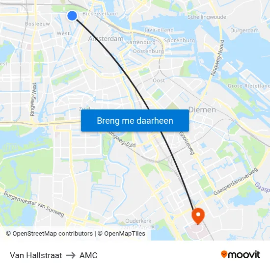 Van Hallstraat to AMC map