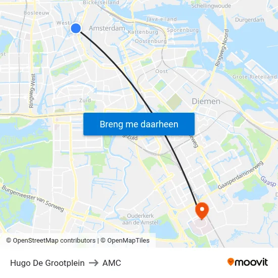Hugo De Grootplein to AMC map
