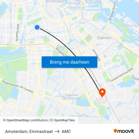 Amsterdam, Emmastraat to AMC map
