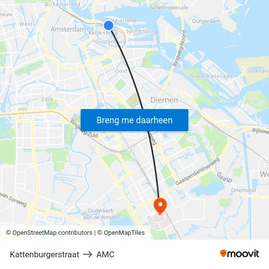 Kattenburgerstraat to AMC map