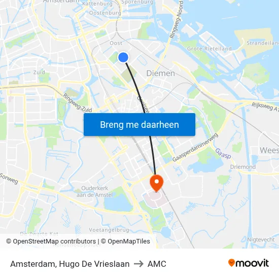 Amsterdam, Hugo De Vrieslaan to AMC map