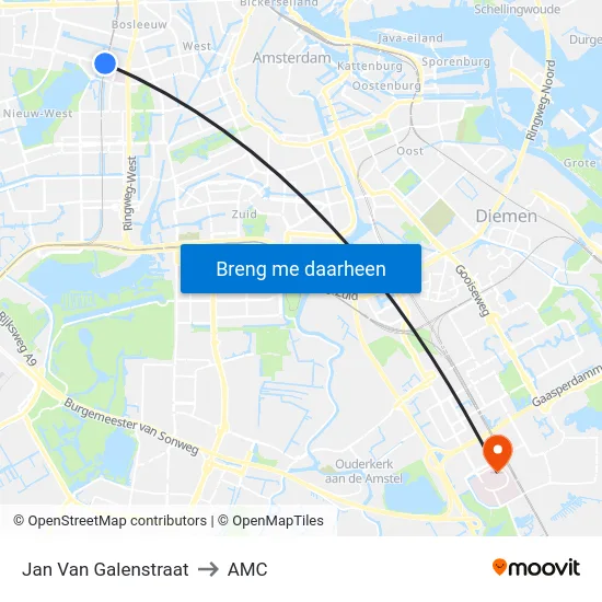 Jan Van Galenstraat to AMC map