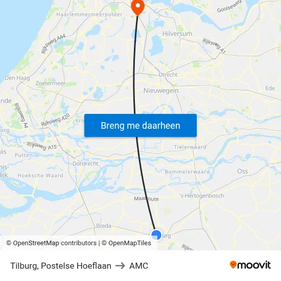 Tilburg, Postelse Hoeflaan to AMC map