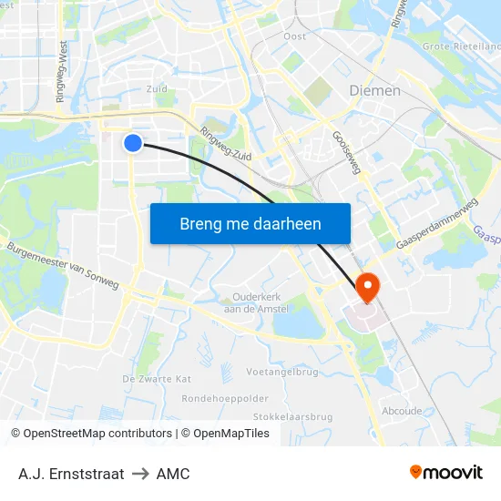 A.J. Ernststraat to AMC map