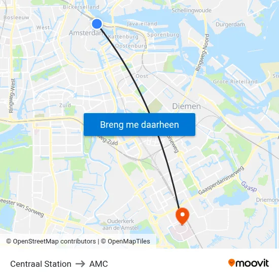 Centraal Station to AMC map