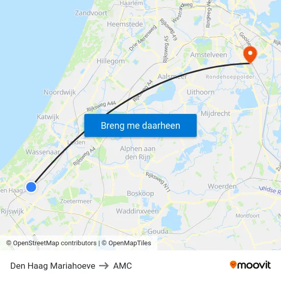 Den Haag Mariahoeve to AMC map