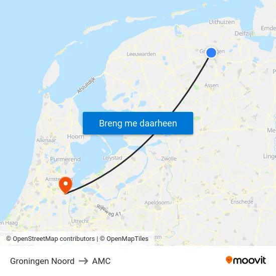 Groningen Noord to AMC map
