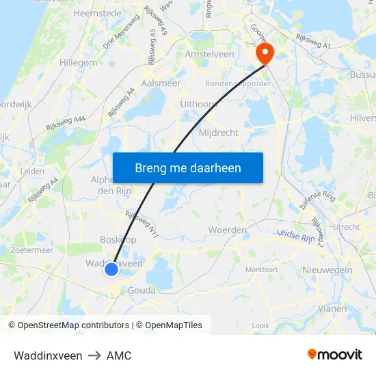Waddinxveen to AMC map