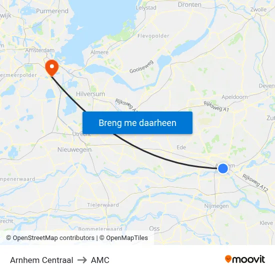 Arnhem Centraal to AMC map