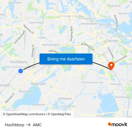 Hoofddorp to AMC map