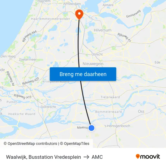 Waalwijk, Busstation Vredesplein to AMC map