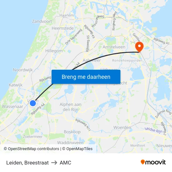 Leiden, Breestraat to AMC map