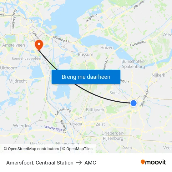 Amersfoort, Centraal Station to AMC map