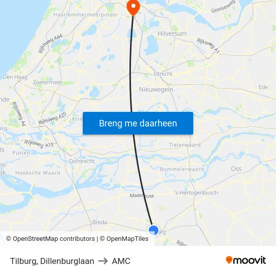 Tilburg, Dillenburglaan to AMC map
