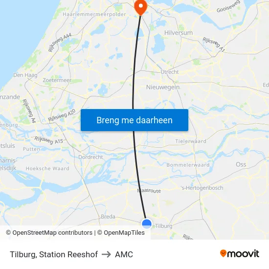 Tilburg, Station Reeshof to AMC map