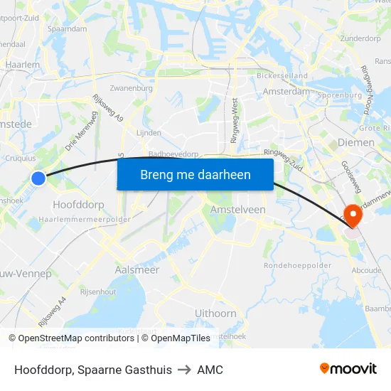 Hoofddorp, Spaarne Gasthuis to AMC map