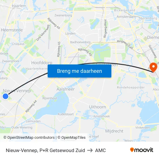 Nieuw-Vennep, P+R Getsewoud Zuid to AMC map