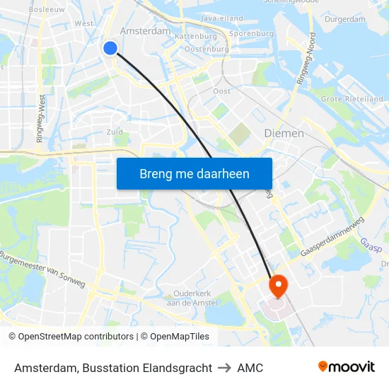 Amsterdam, Busstation Elandsgracht to AMC map