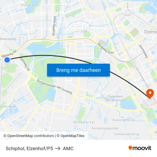 Schiphol, Elzenhof/P5 to AMC map