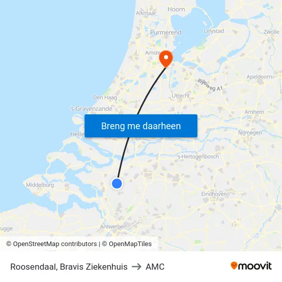 Roosendaal, Bravis Ziekenhuis to AMC map