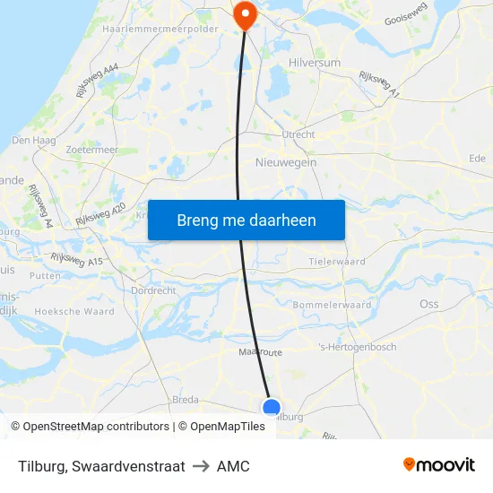 Tilburg, Swaardvenstraat to AMC map