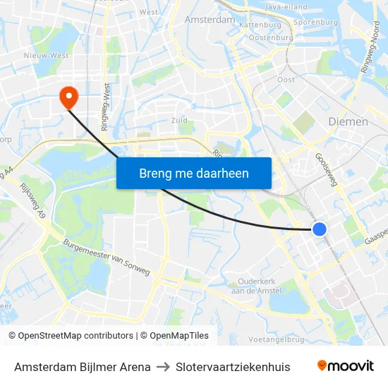 Amsterdam Bijlmer Arena to Slotervaartziekenhuis map