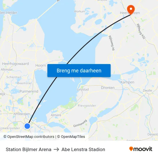 Station Bijlmer Arena to Abe Lenstra Stadion map