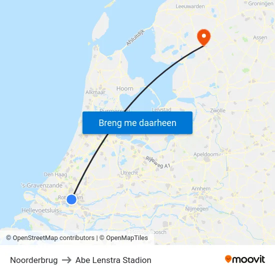 Noorderbrug to Abe Lenstra Stadion map