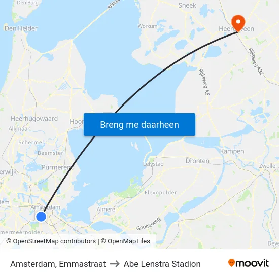 Amsterdam, Emmastraat to Abe Lenstra Stadion map