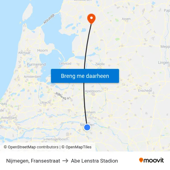 Nijmegen, Fransestraat to Abe Lenstra Stadion map