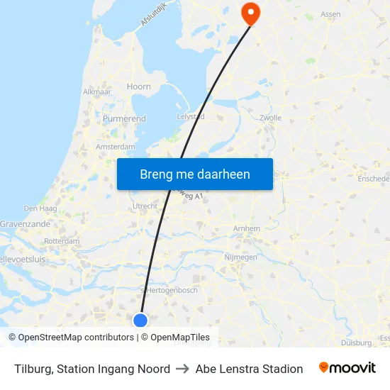 Tilburg, Station Ingang Noord to Abe Lenstra Stadion map