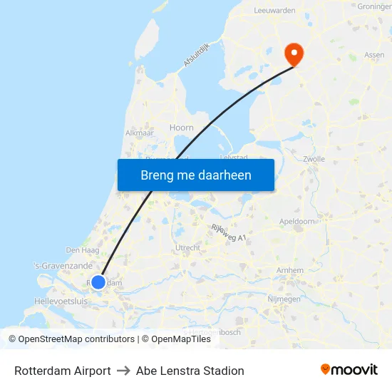 Rotterdam Airport to Abe Lenstra Stadion map