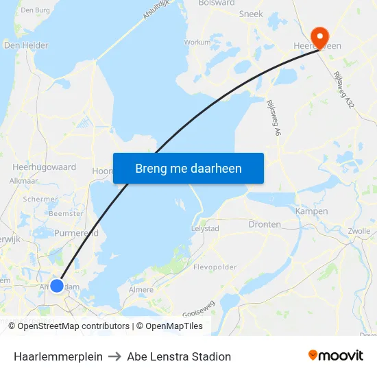 Haarlemmerplein to Abe Lenstra Stadion map