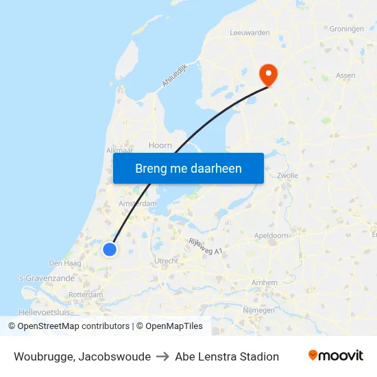 Woubrugge, Jacobswoude to Abe Lenstra Stadion map
