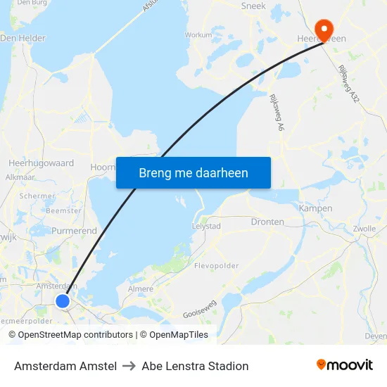 Amsterdam Amstel to Abe Lenstra Stadion map