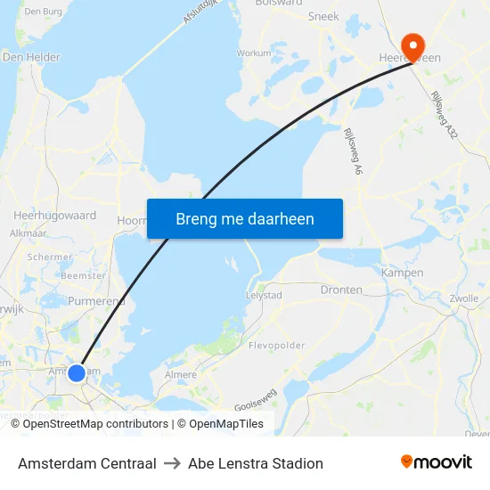 Amsterdam Centraal to Abe Lenstra Stadion map