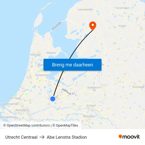 Utrecht Centraal to Abe Lenstra Stadion map