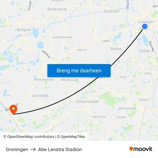Groningen to Abe Lenstra Stadion map