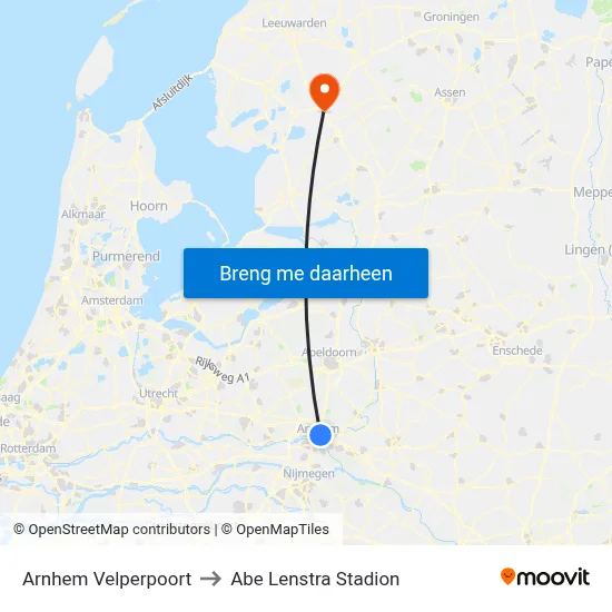 Arnhem Velperpoort to Abe Lenstra Stadion map