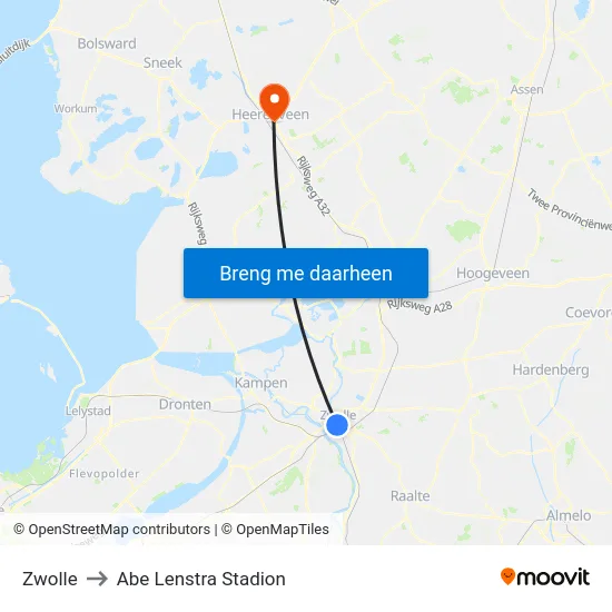 Zwolle to Abe Lenstra Stadion map