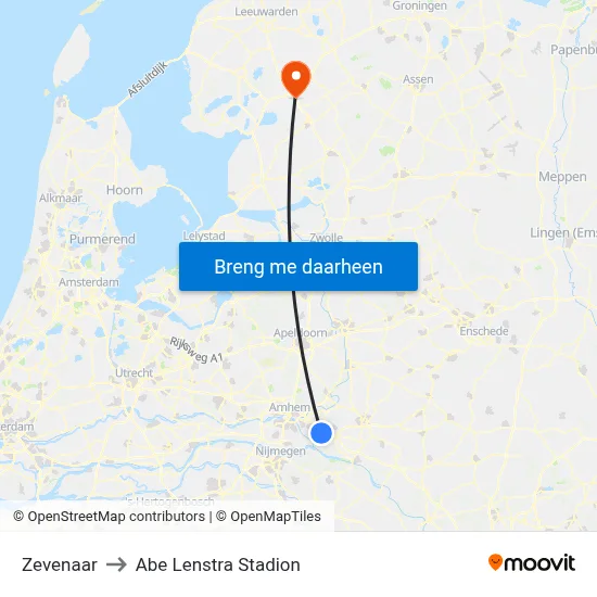 Zevenaar to Abe Lenstra Stadion map