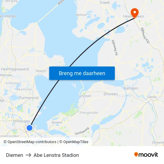 Diemen to Abe Lenstra Stadion map