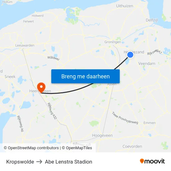 Kropswolde to Abe Lenstra Stadion map