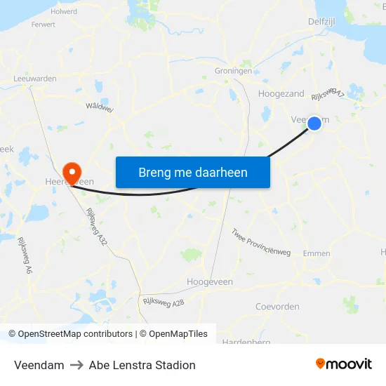 Veendam to Abe Lenstra Stadion map